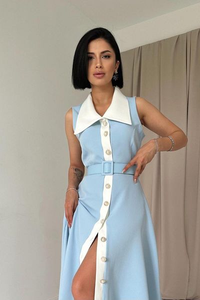 leyla sanat sanata yeni bir bakış açısı Leyla New Perspective on Art Baby Blue Wide Collar Halter Sleeve Dress