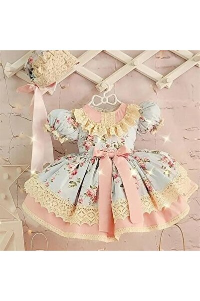 Linarookids Mavi Vintage Kız Bebek Elbisesi,Doğum günü,fotoğraf çekim elbise,0-13 Yaş Uygun