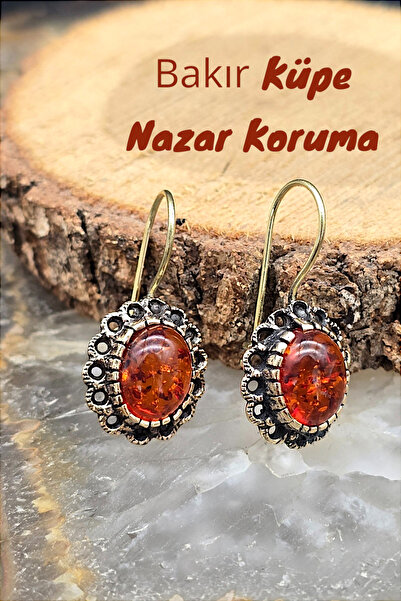 NBS Beautiful Naturel Stones Bakır Kehribar Küpe Kaliteli Saf Bakır Özel Üret...