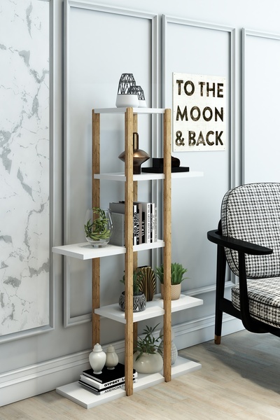 Jest Dekor Konsept Lotus Beyaz Ahşap 5 Katlı Ofis Rafı , Çok Amaçlı Kullanım