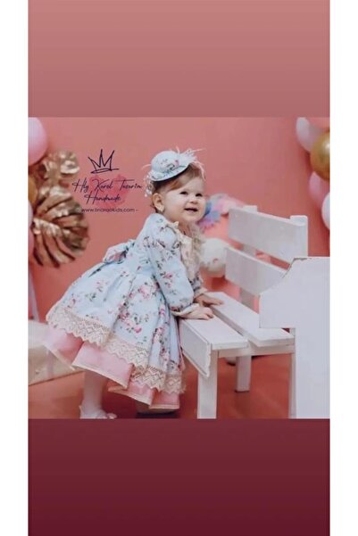 Linarookids Mavi Vintage Kız Bebek Elbisesi,Doğum günü,fotoğraf çekim elbise,0-13 Yaş Uygun