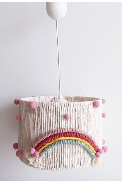 C&A&B KUZEY AVİZE Ecru Macrame - Pink, Tan, Yellow Mint Rainbow Baby Girl's Room Chandelier