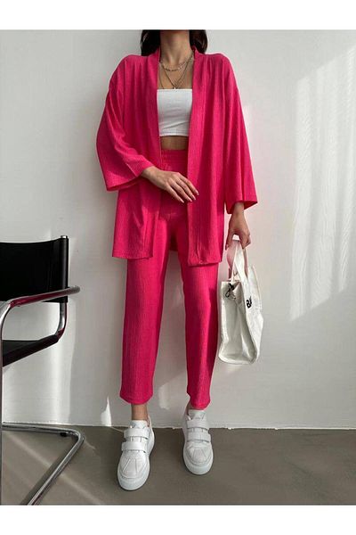 Nokta Moda Set de 2 piese de kimono supradimensionat fucsia, cămașă și pantaloni, elastic în talie