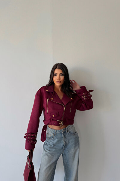 ETİLER COLLECTION Tiana Suede Crop Jacket Sleeve 3 Belt Detail - Claret Red