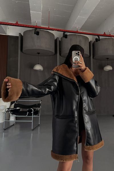 COTTONLAB Leather Coat with Sleeves and Collar Plush Without Cap with Pocket Detail - Black-Tan