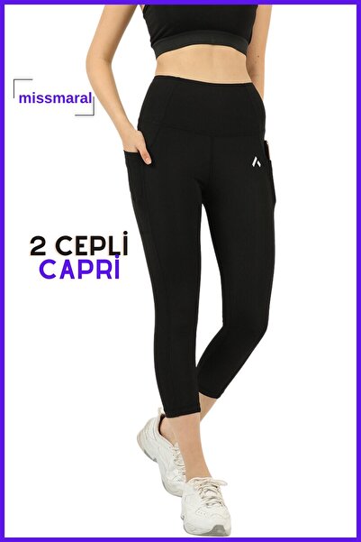 missmaral Kadın Siyah Yüksek Bel Toparlayıcı Çift Cepli Diz Altı Kapri Tayt C...