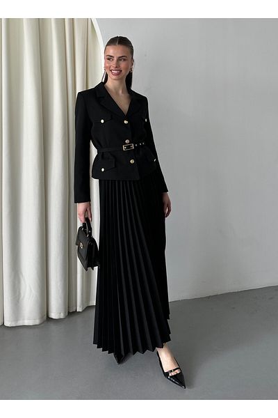 Laluvia Black Button Detailed Jacket Pleated Skirt Set - 250321