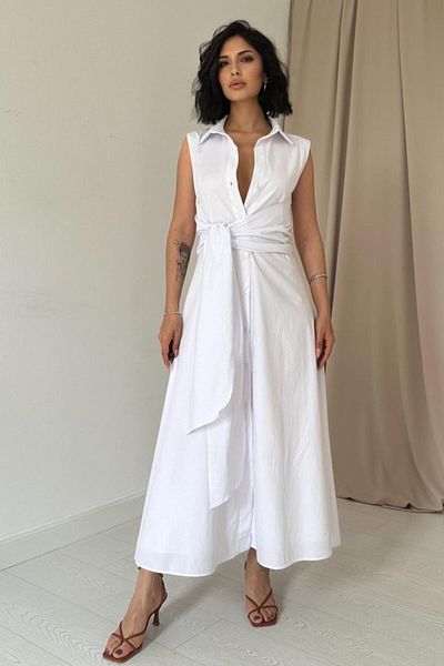 Femella Women Fashion White Shirt Collar Tie Dress