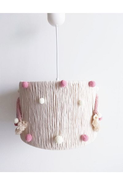 C&A&B KUZEY AVİZE Colorful Rainbow - Ecru Macrame, Rope Wrapped, Pink Ecru Pompom, Baby Girl's Room Pendant Lamp Chandelier