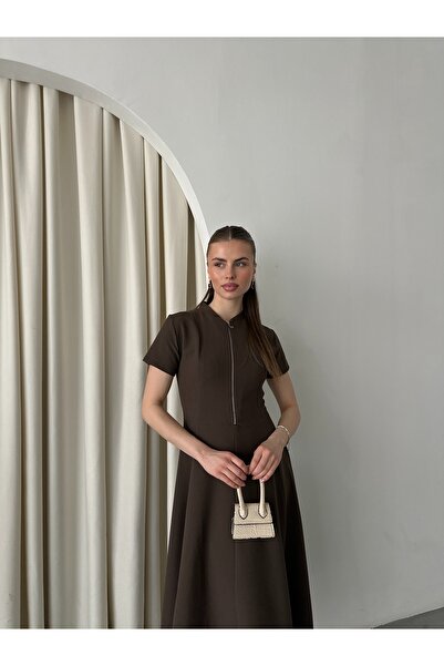 Laluvia Καφέ φόρεμα με φερμουάρ μπροστά - 4824