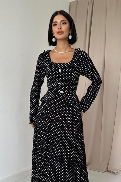 MODAVERA Black Polka Dot Print Flounce Dress