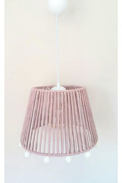 C&A&B KUZEY AVİZE Pink Macrame Rope Wrapped Ecru Pompom Baby and Kids Room Pendant Lamp Chandelier