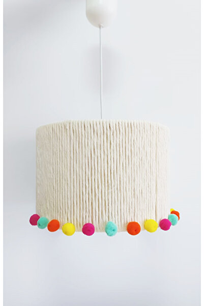 C&A&B KUZEY AVİZE Ekru Makrome Ip Sargılı Renkli Ponponlu Kız Çocuk Ve Bebek Odası Sarkıt Avize