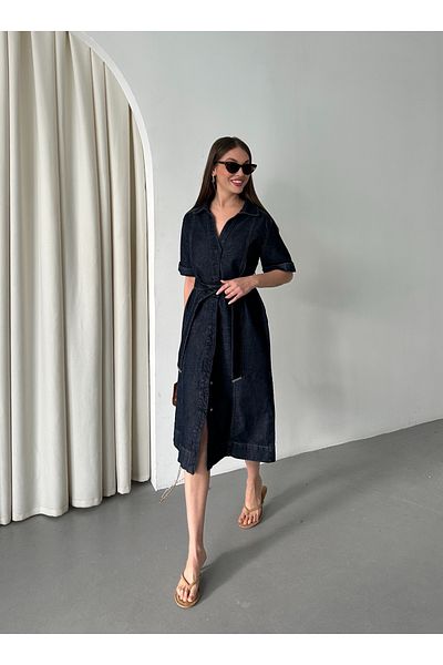 Laluvia Marineblaues Jeanskleid mit Gürtel und V-Ausschnitt - 250389