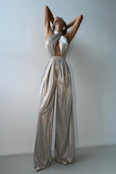 Safgiyim44 Cross Collar Neck Tie Glitter Palazzo Lined Jumpsuit