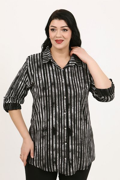 By Alba Collection Women's Dark Gray Patterned Cotton Viscose Large Size Shirt