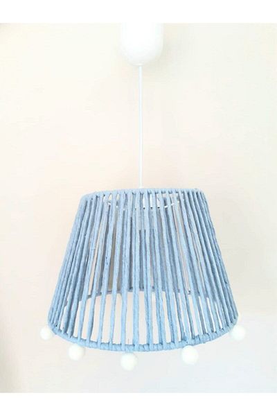 C&A&B KUZEY AVİZE Blue Macrame String Wrapped Ecru Pompom Pendant Lamp Chandelier