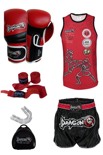 Dragondo Dragon Boxing Set - Attack Boxing Gloves, Retro Shorts, Singlet, Bandage and Mouthguard 5Pc Muay Thai Set