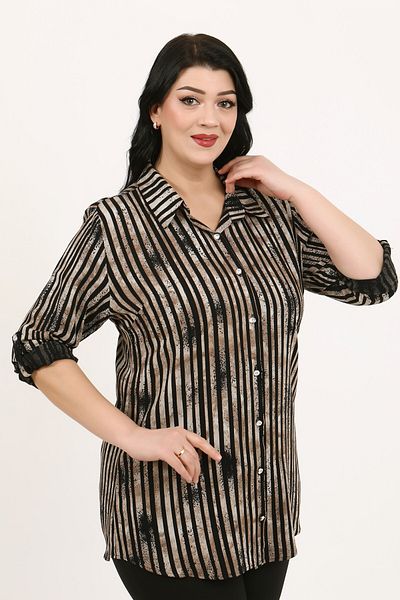 By Alba Collection Дамска памучна вискозна риза с кафяви шарки с голям размер