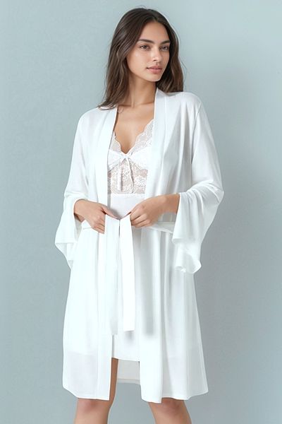 Soweto Women's Ecru Pajamas Shorts Suit Lace Dressing Gown Nightgown Boxed 6-Piece Dowry Set - Combed Cotton - Swt.0688
