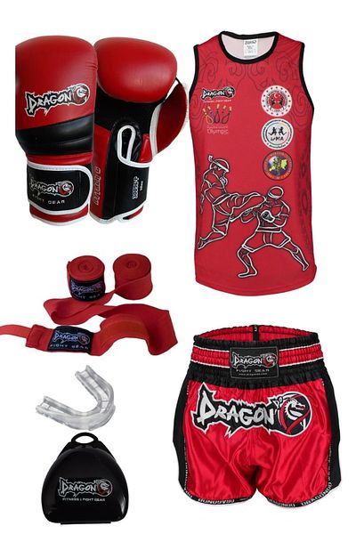 Dragondo Dragon Boxing Set - Attack Boxing Gloves, Retro Shorts, Singlet, Bandage and Mouthguard 5Pc Muay Thai Set