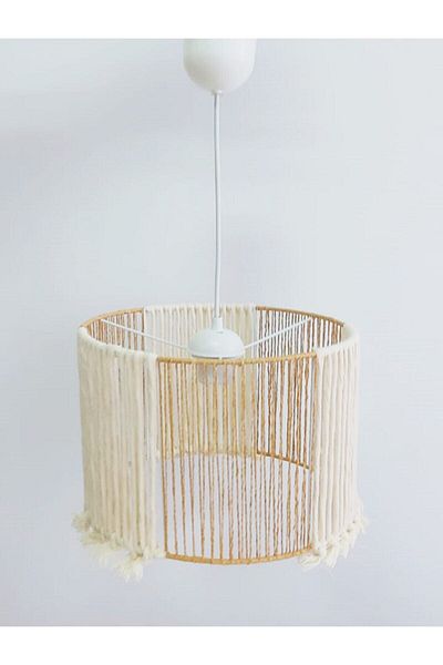 C&A&B KUZEY AVİZE Ecru Macrame and Paper Rope Wrapped Fringed Pendant Lamp Chandelier