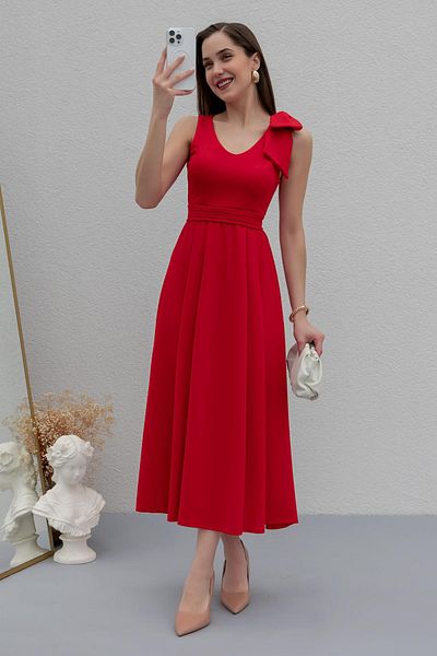Aventien Red Maxi Dress with Shoulder Bow