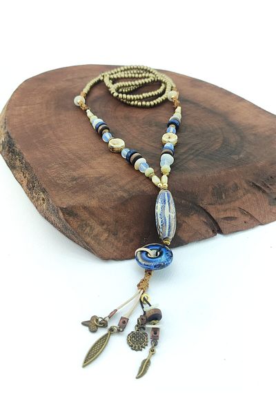 dela otantik Handmade Beaded Long Necklace – Bohemian Men's and Women's Necklace - Blue Colored Authentic Ethnic Stone Jewelry
