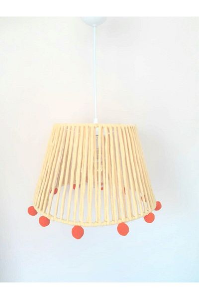 C&A&B KUZEY AVİZE Yellow Macrame Rope Wrapped Orange Pompom Children's and Baby's Room Pendant Lamp Chandelier