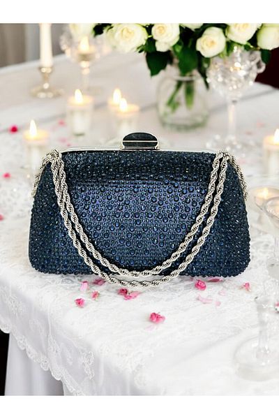 Biçanta Lant de piatra de culoare albastru bleumarin cu maner Geanta rochie de seara dama absolvire nunta logodna
