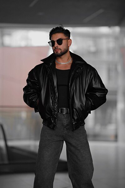 MerStore Oversize Vintage Erkek Siyah Deri Ceket