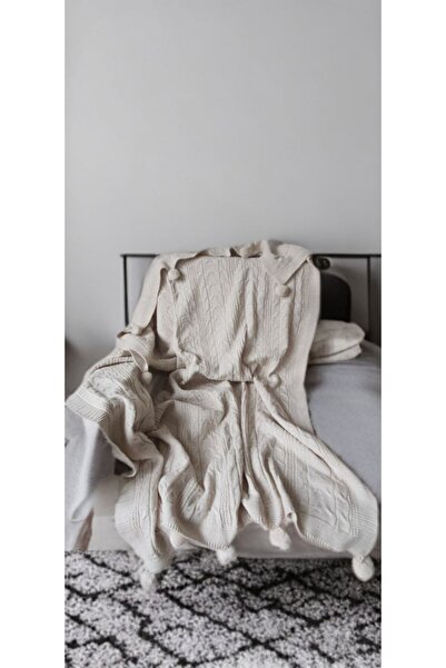 ZADE HOME Ponponlu Triko Tv-Battaniyesi 130 X 160 Cm Şal Ve Koltuk Için Kullanabilirsin Şal Triko