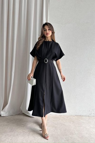 Aventien Rochie midi plisată cu deschidere detaliată cu centură