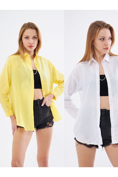 brako tekstil Women's White - Yellow Oversize Long Basic Shirt