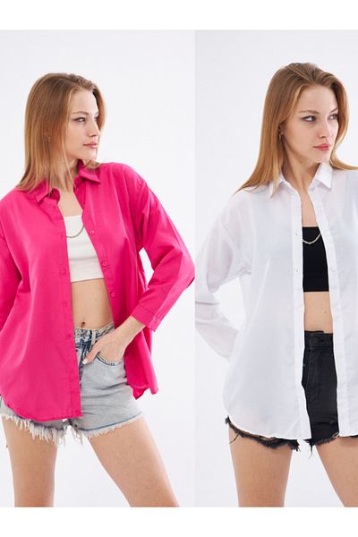 brako tekstil Women's White - Pink Oversize Long Basic Shirt