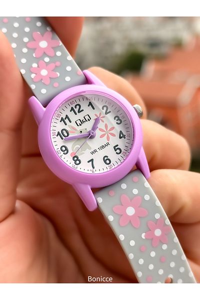 Q&Q 10 Atm, 2 Years Warranty, Gray - Pink Silicone Cord Girl's Wristwatch Suitable for Pool and Sea Use
