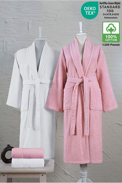 Ellaline Set halate de baie 4 piese 100% bumbac certificat, set halate de familie Shalyaka Dowry alb - roz