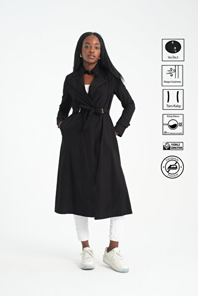 Soydan Güner Su Geçirmez Kırışmaz Esnek Astarsız Ara Boy Yazlık Trençkot Siyah 7540