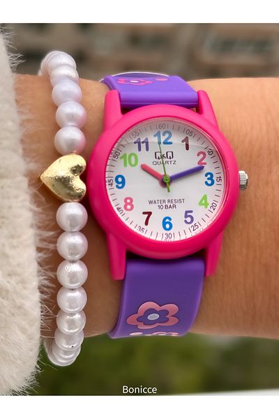 Q&Q 10 Atm, 2 Years Warranty, Purple Silicone Cord Girl's Wristwatch Suitable for Pool and Sea Use