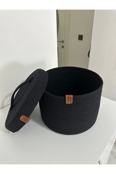 Sevdam Sepet Black Large Size Multi-Purpose Basket with Lid, Cotton Basket, Decorative Basket, Wicker Basket, Rope Basket