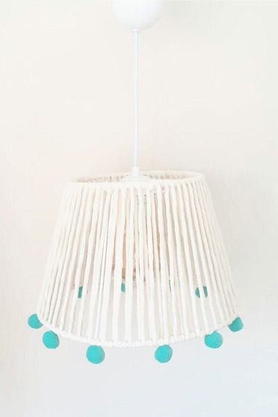 C&A&B KUZEY AVİZE Ecru Macrame Rope Wrapped Mint Pompom Baby and Kids Room Pendant Lamp Chandelier