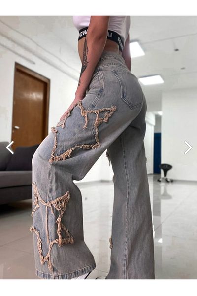 Minga London Y2K WashedJean Παντελόνι - Επαναλαμβανόμενη Τσάντα Αστέρι Patch Mingalondon