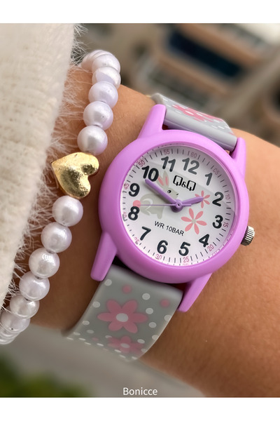 Q&Q Brand Lilac Color, Waterproof, 2 Years Warranty, Patterned Girl's (6) Wristwatch Bracelet