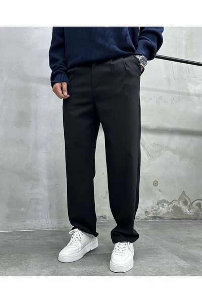MerStore Men's Pleated Baggy Fabric Trousers with Elastic Waist