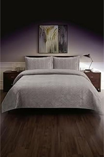 Mu Art Ahşap Favora Silva Velvet Double Bedspread Set (Grey)