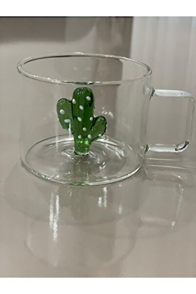 Meralles İçi Üç Boyutlu Kaktüs Detaylı Isıya Dayanıklı Cam Kupa Bardak Fincan 200 ml