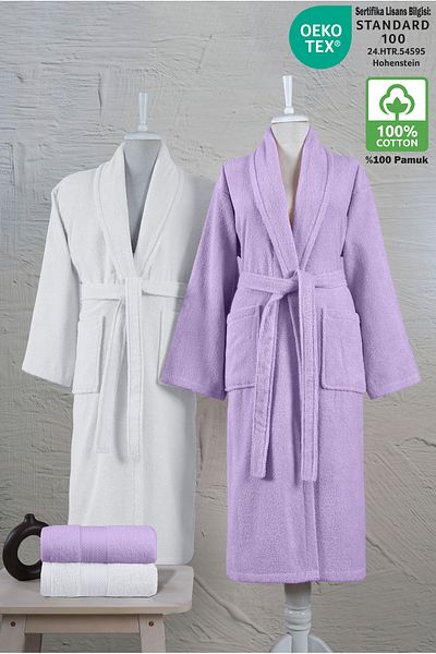 Ellaline Set halate de baie 4 piese 100% bumbac certificat, set halate de familie Shalyaka Dowry Liliac - alb