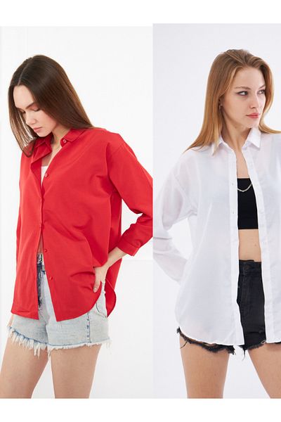 brako tekstil Women's White - Red Oversize Long Basic Shirt