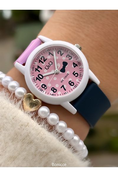Q&Q 10 Atm, 2 Years Warranty, Navy Blue-Pink Silicone Cord Girl's Wristwatch Suitable for Pool and Sea Use