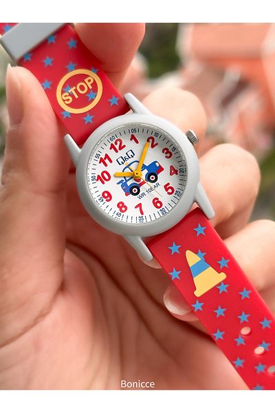 Q&Q 10 Atm, 2 Years Warranty, Red Silicone Cord Boy's Wristwatch Suitable for Pool and Sea Use